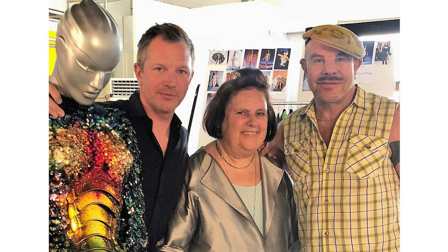 Suzy with Manfred (formerly Thierry) Mugler (right) and curator Thierry-Maxime Loriot in the designers archive outside Paris. Loriots exhibition of the designers work opens in March 2019 at the Montreal Museum of Fine Art
(@SUZYMENKESVOGUE)