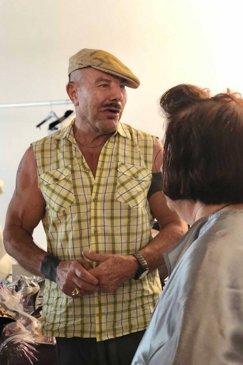 Manfred Mugler gives Suzy Menkes a tour of his archive outside Paris, summer 2018. Having worked as a professional ballet dancer from age 14 to 20, Mugler has always been athletic and maintains a strict exercise regime today - he turns 70 in December (THIERRY-MAXIME LORIOT)