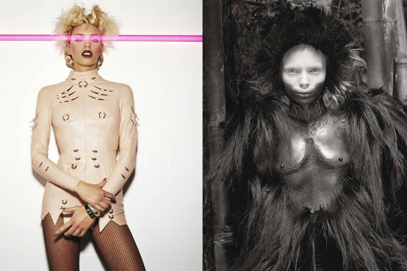 Scarification effects. Left: Inez and Vinoodh photograph Kym for BLVD Magazine in 1994 wearing a tribal dress from the Thierry Mugler Ready-to-Wear Spring/Summer 1994 Longchamps collection. Right: Esther Cañadas photographed by Herb Ritts for Vogue France, December/January 1998/1999 wearing a Thierry Mugler leather and horsehair jacket
(LEFT: INEZ AND VINOODH. RIGHT: © HERB RITTS / TRUNK ARCHIVE)