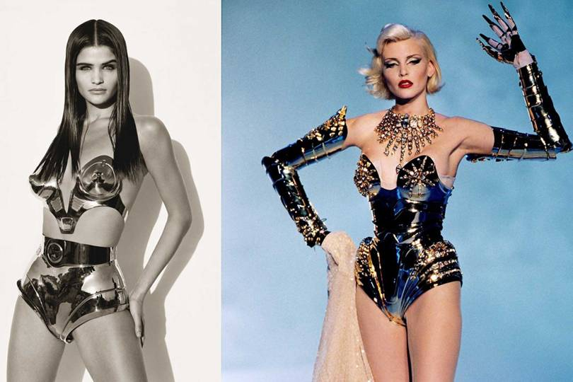 Mugler is renowned for his metallic effects. Left: Helena Christensen (left) wearing a silver metal srapless bra from the Thierry Mugler Ready-to-Wear Spring/Summer 1991 Super Star Diana Ross collection and shorts by Jean-Pierre Delcros. Right: Nadja Auermann wearing a gold metal bodysuit with inlaid rhinestones, gold leather, and diamanté gloves and corset by Jean-Pierre Delcros. From the Thierry Mugler Ready-to-Wear Autumn/Winter 1995 collection, Twentieth Anniversary at the Cirque dHiver
(LEFT: © HERB RITTS / TRUNK ARCHIVE. RIGHT: © PATRICE STABLE / THIERRY MUGLER)