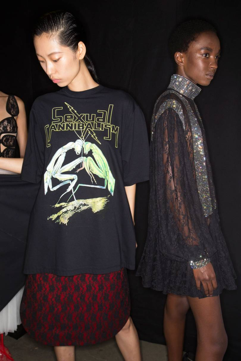 Backstage at Christopher Kane Spring/Summer 2019. Inspired by nature documentaries of predatory insects, Kanes slogan Ts read Sexual cannibalism, Credit: SONNY VANDEVELDE / INDIGITAL.TV