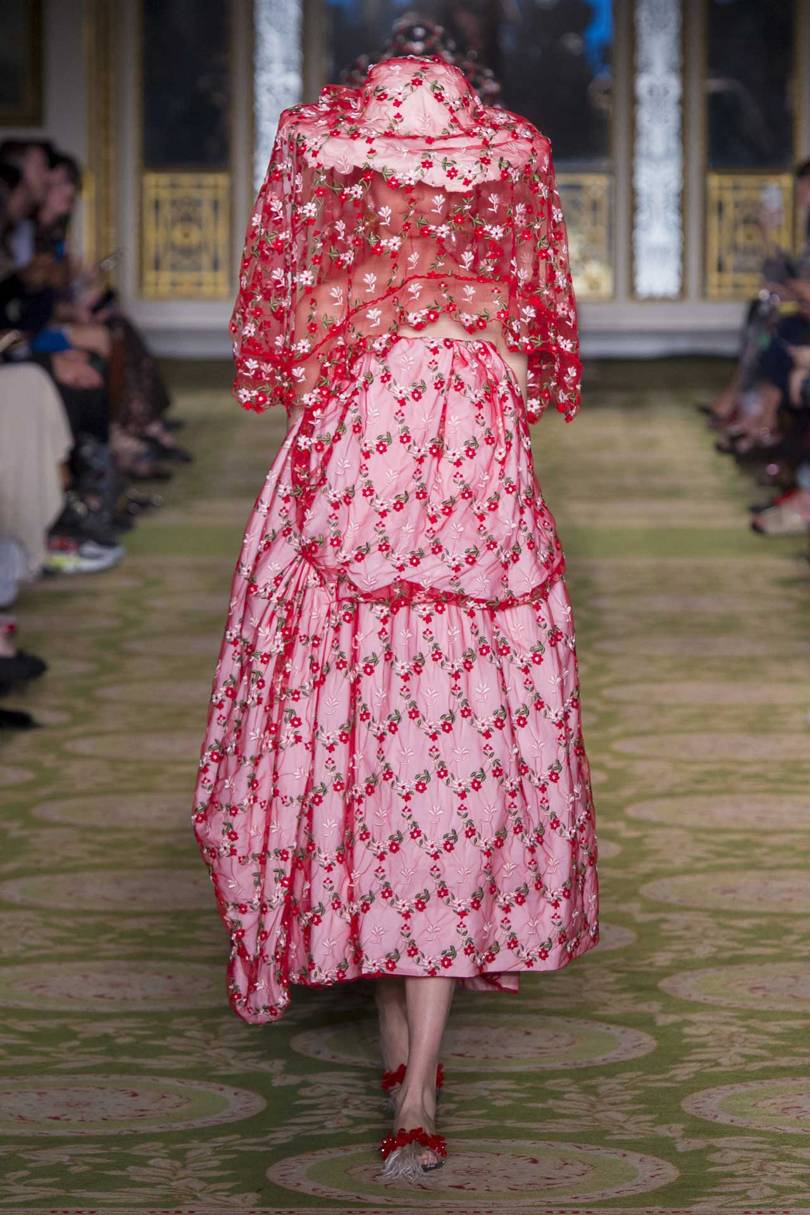 Floral embroidery, tulle, and a hat tower from the 18th Century Chinese Ladies Interpretations segment of Simone Rochas Spring/Summer 2019 show, Credit: KIM WESTON ARNOLD / INDIGITAL.TV