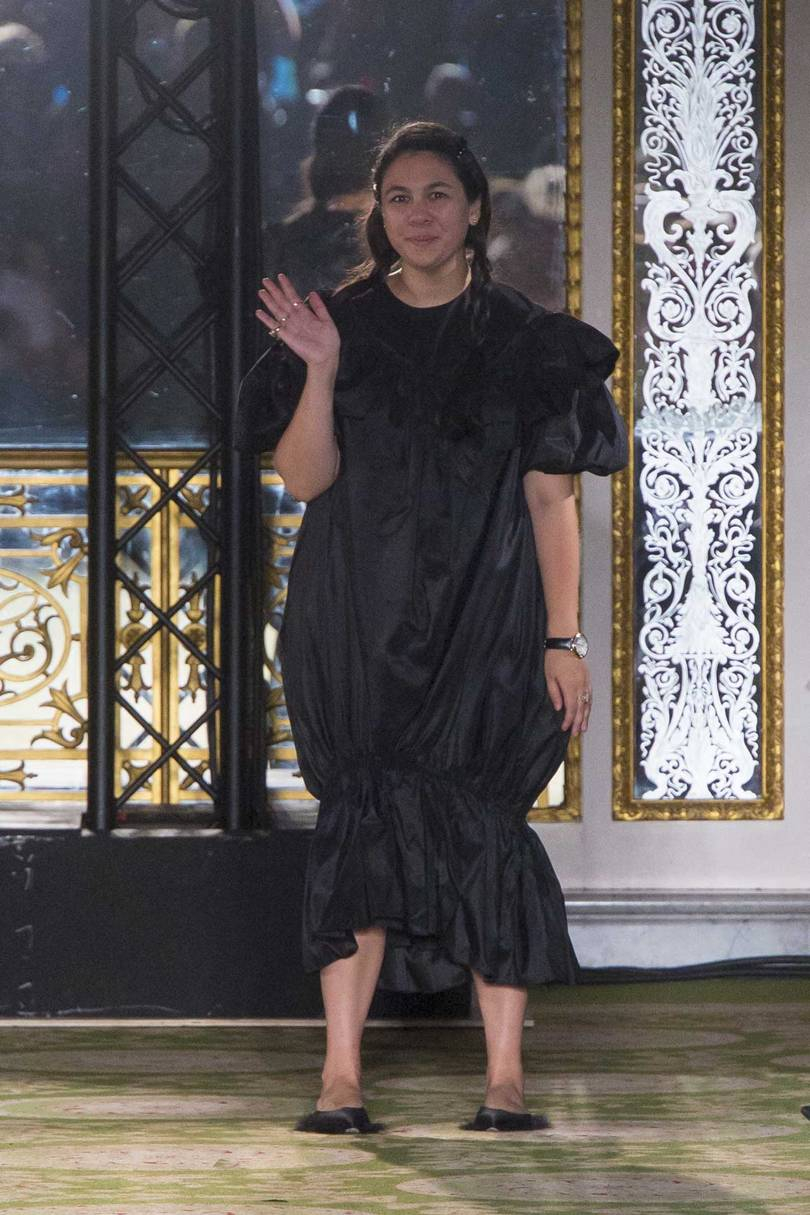 Simone Rocha thanks the audience for their enthusiastic applause at the finale of her Spring/Summer 2019 show, Credit: KIM WESTON ARNOLD / INDIGITAL.TV