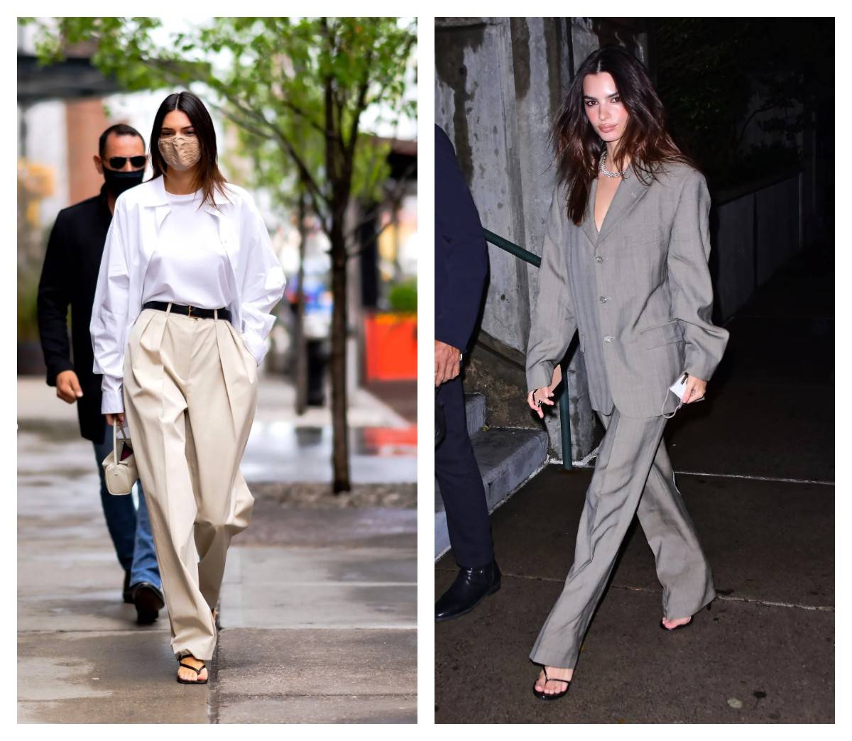 Kendall Jenner nosi eleganckie japonki do beżowych spodni, Emily Ratajkowski zestawia japonki z szarymi spodniami z prostą nogawką (Fot. Getty Images)