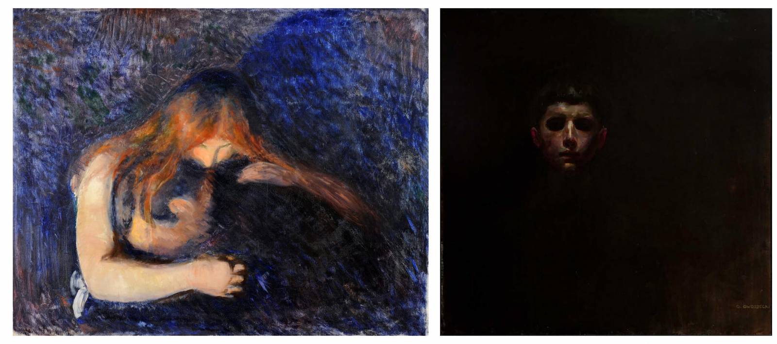 Po lewej: Edvard Munch, The Vampire / Wampir, 1893, olej na płótnie (Fot. Gothenburg Museum of Art); po prawej: Gustaw Gwozdecki (1880-1935), Głowa chłopca (Autoportret, Apokalipsa) ok. 1904; olej, płótno, 100 x 98 cm, Muzeum Narodowe w Krakowie