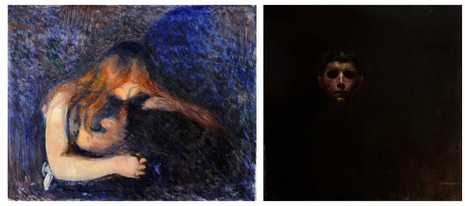 Po lewej: Edvard Munch, The Vampire / Wampir, 1893, olej na płótnie (Fot. Gothenburg Museum of Art); po prawej: Gustaw Gwozdecki (1880-1935), Głowa chłopca (Autoportret, Apokalipsa) ok. 1904; olej, płótno, 100 x 98 cm, Muzeum Narodowe w Krakowie