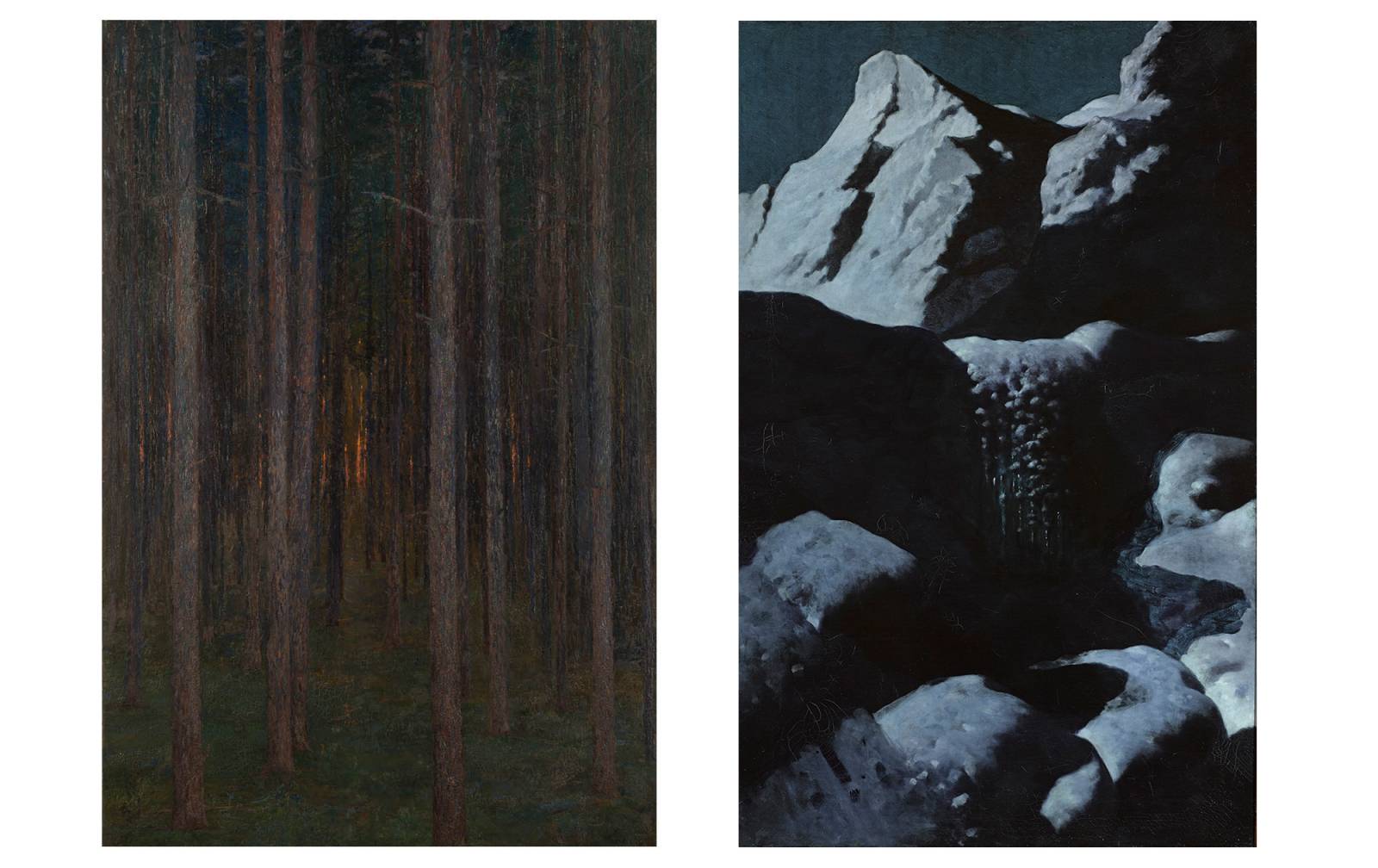 Po lewej: Prince Eugen, The Forest / Las,1892, olej na płótnie (Fot. Gothenburg Museum of Art); po prawej: Stanisław Witkiewicz (1851–1915) Pejzaż zimowy z Tatr, po 1890; olej, płótno, 112 × 72,5 cm
Muzeum Narodowe w Warszawie, nr inw. MP 720 MNW
(Fot. Piotr Ligier / MNW)
