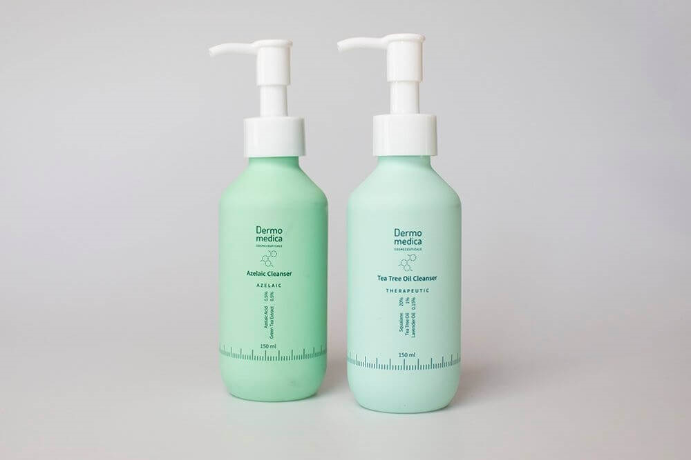 Dermomedica Azelaic Cleanser - Żel do mycia z kwasem azelainowym. Dermomedica Tea Tree Oil Cleanser - Olejek myjący ze skwalanem, olejkiem z drzewa herbacianego i olejkiem lawendowym.