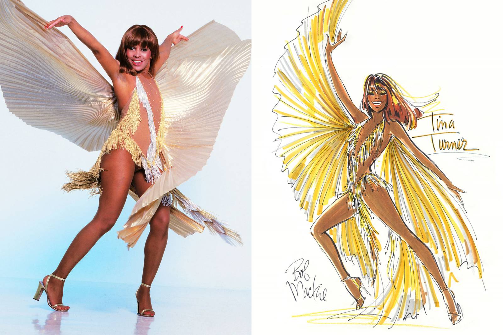 Tina Turner w kreacji Boba Mackiego (Fot. Harry Langdon/Getty Images; Ilustracja Bob Mackie)