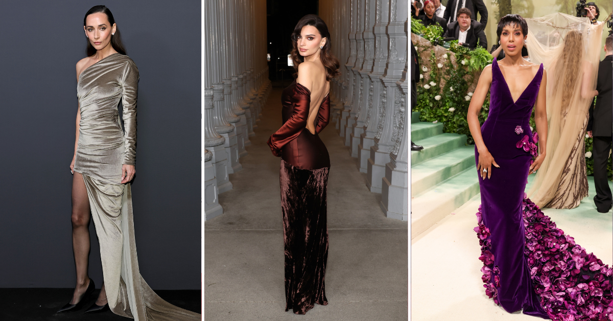 Rebecca Dayan w klasycznej welurowej sukience, Emily Ratajkowski w burgundzie oraz Kerry Washington w fioletowej stylizacji.