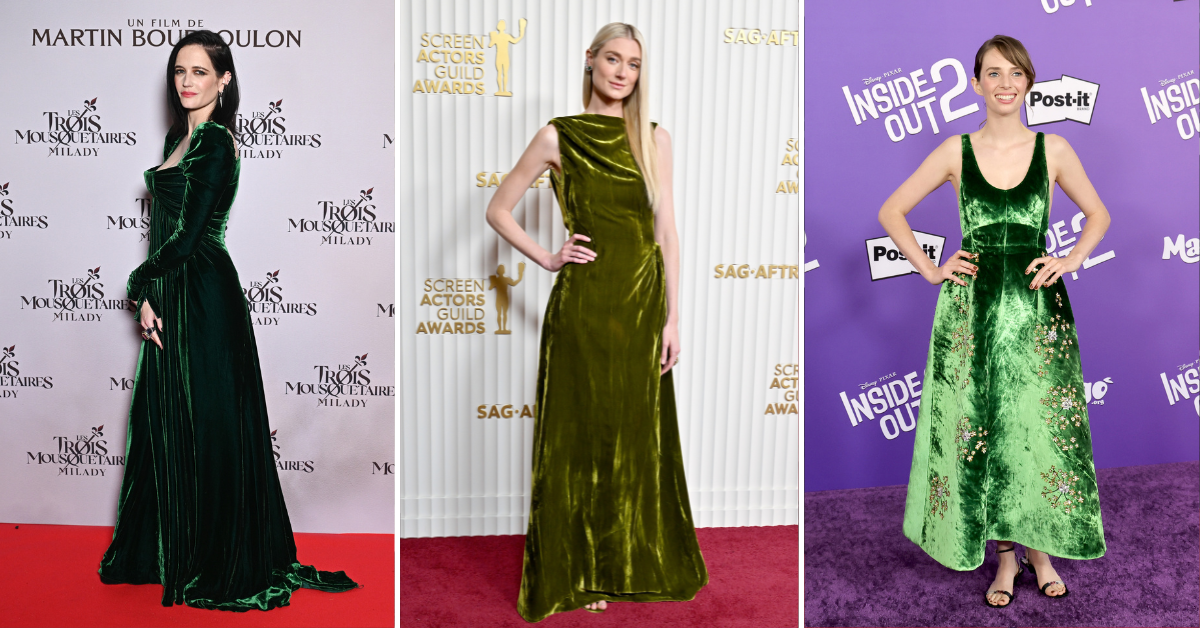 Eva Green, Elizabeth Debicki i Maya Hawke w zielonych welurowych sukienkach na czerwonym dywanie.