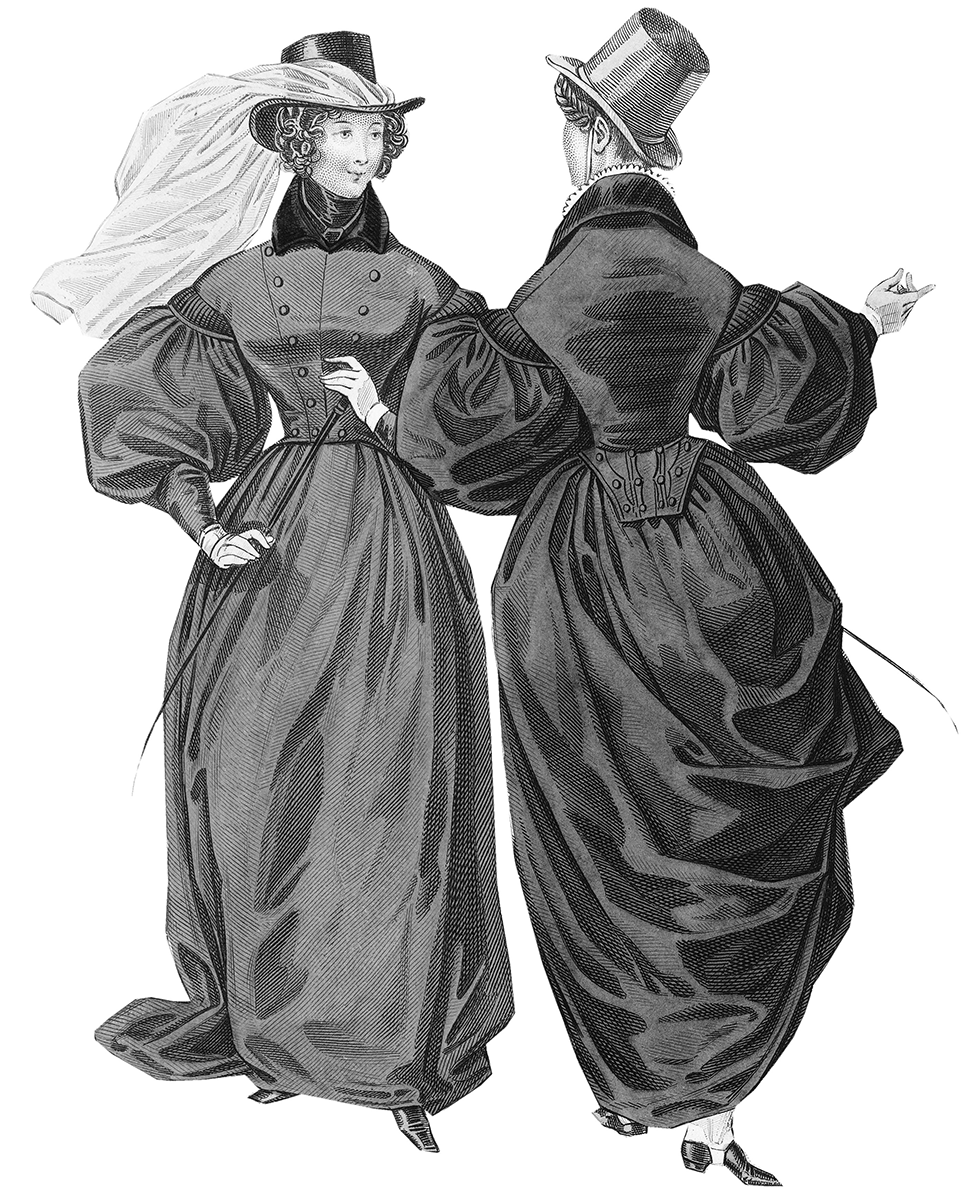 Kobiecy strój do jazdy konnej składający się z sukni i cylindra.