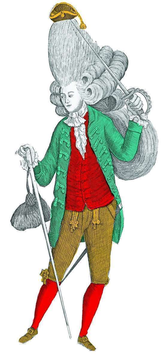 Rysunek przedstawiający członka subkultury młodzieżowej w Wielkiej Brytanii w XVIII wieku tzw. makaroniarza. Bardzo wysoka perułka, na którą mężczyzna zakłada sobie kapelusz szpadą. Obcisły i ozdobny płaszcz w kolorze niebieskim, czerwona kamizelka oraz czerwone pończochy.