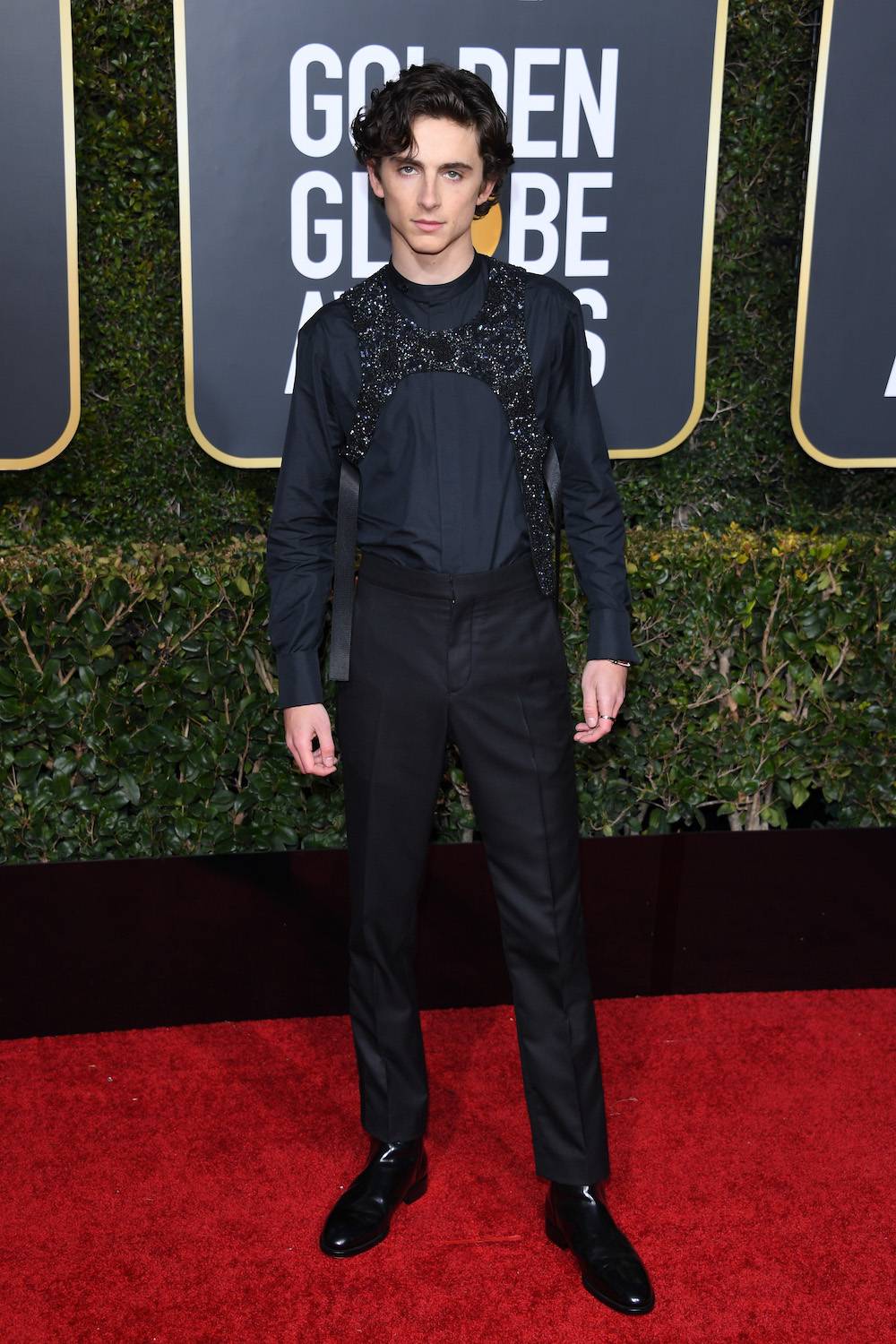 Timothée Chalamet na Złotych Globach w kamizelce z kolekcji LV (Fot. Getty Images)