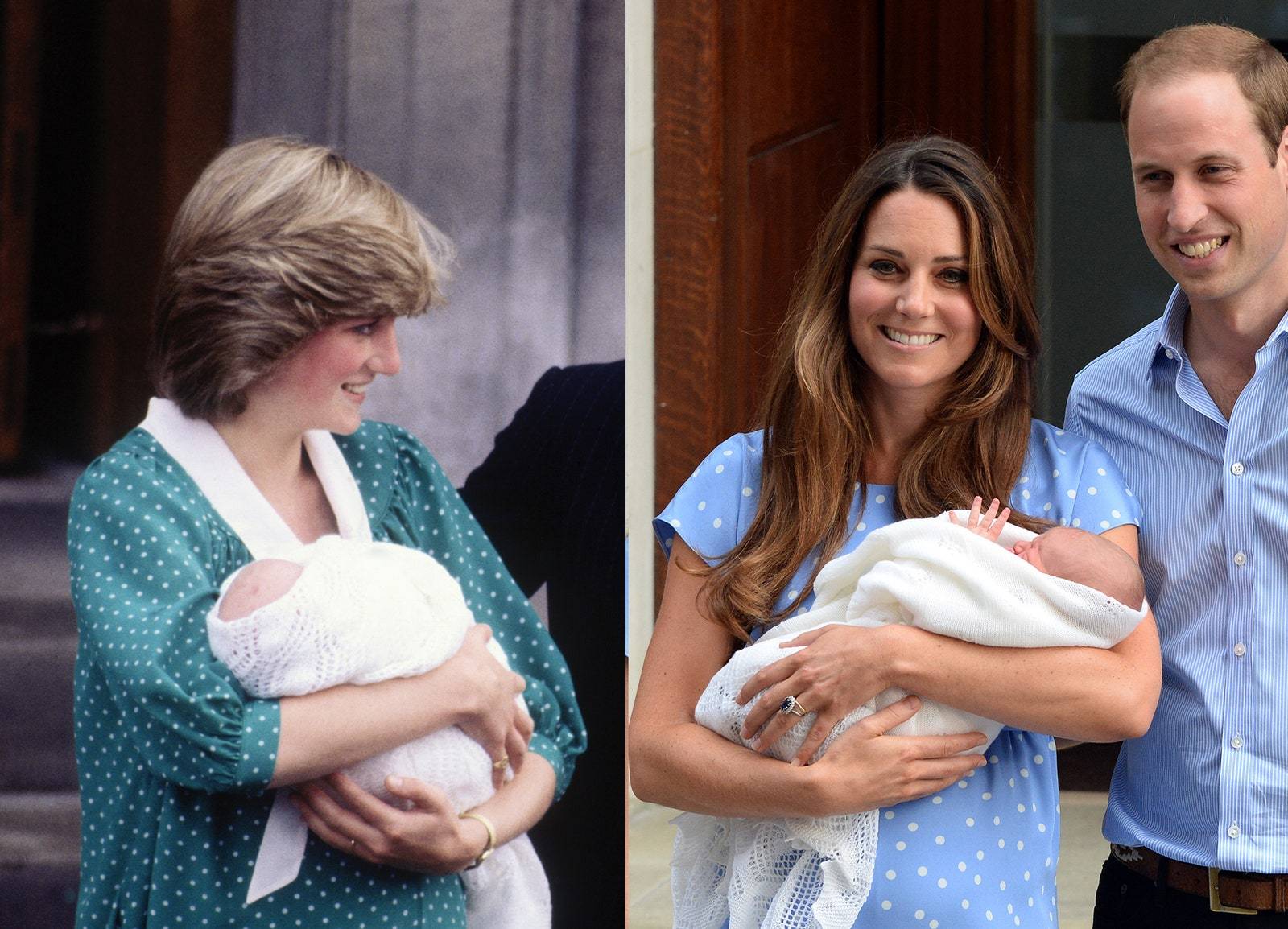Diana, księżna Walii, prezentująca światu księcia Williama w 1982 r.; Księżna Cambridge w kreacji Jenny Packham z nowo narodzonym księciem George’em, w 2013 r. (Fot. Getty Images)