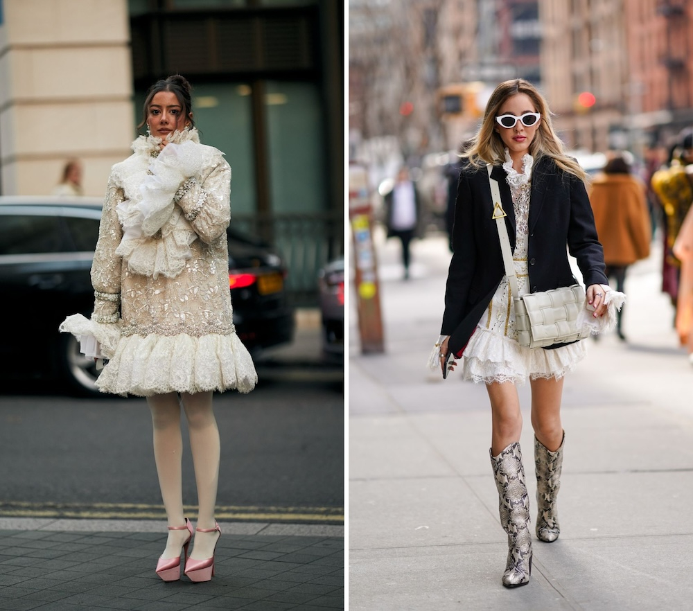 Do stylowej sukienki mini pasują klasyczne buty: botki, sandały, szpilki (Fot. Spotlight. Launchmetrics, Edward Berthelot/Getty Images)