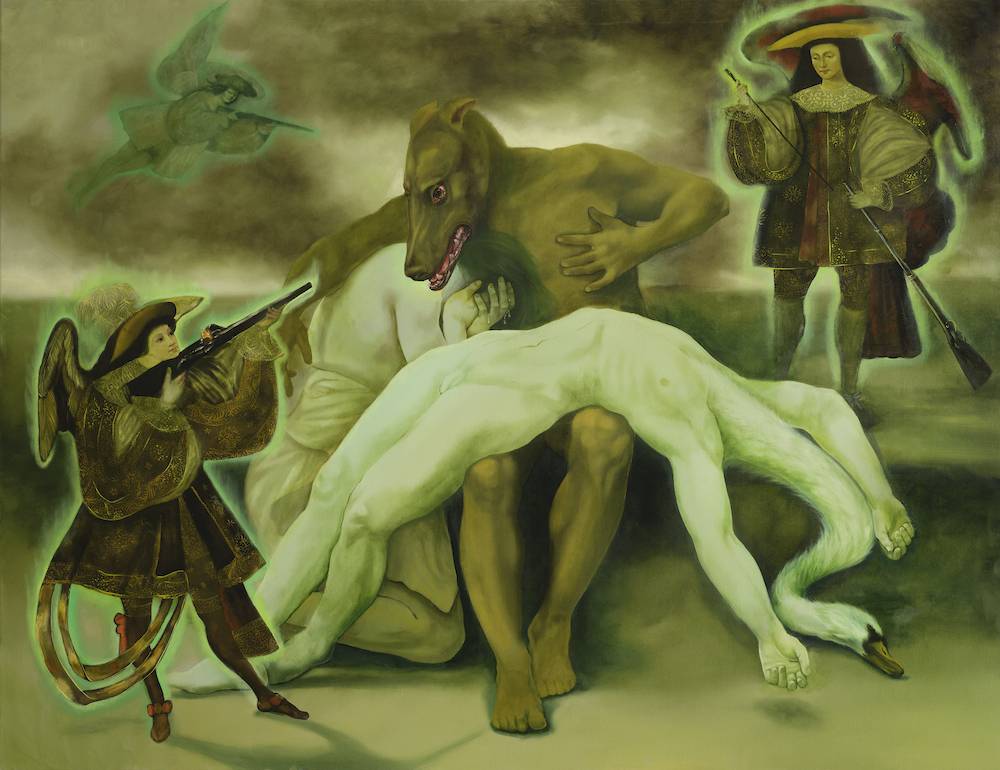 Krzysztof Gil, Aniołki (Angels), 2024, olej na płótnie, 140 × 180 cm. Dzięki uprzejmości artysty i Galerii Monopol