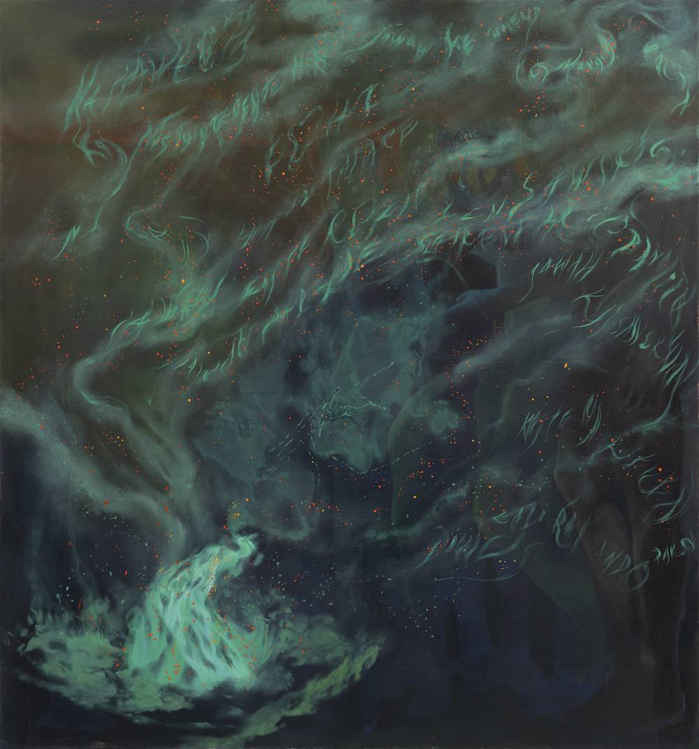 Krzysztof Gil, Czarna noc w biały dzień (Black Night in the White of Day), 2024, olej na płótnie, 150 × 140 cm. Dzięki uprzejmości artysty i Galerii Monopol