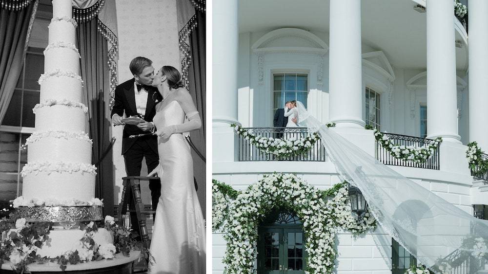 Państwo młodzi przy swoim ośmiopiętrowym torcie – Naomi w sukni od Reem Acry na balkonie Białego Domu w dniu ślubu, w sobotę 19 listopada (Fot. Corbin Gurkin)