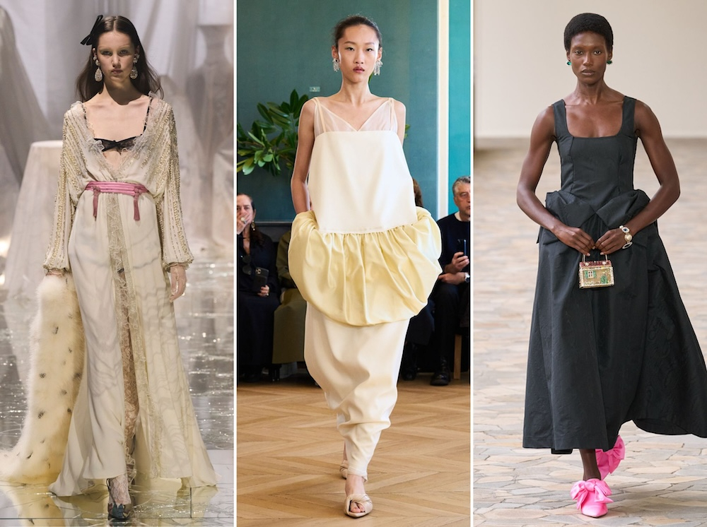 Trzy modelki na wybiegu, każda w modnej sukience w różnych stylach: z koronką, minimalistycznej i eleganckiej.
