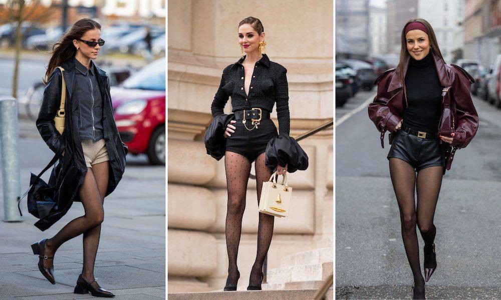 Eleganckie damskie szorty połączcie z rajstopami. W takiej wersji możecie nosić je cały rok i na każdą okazję (Fot. Spotlight. Launchmetrics, Getty Images)