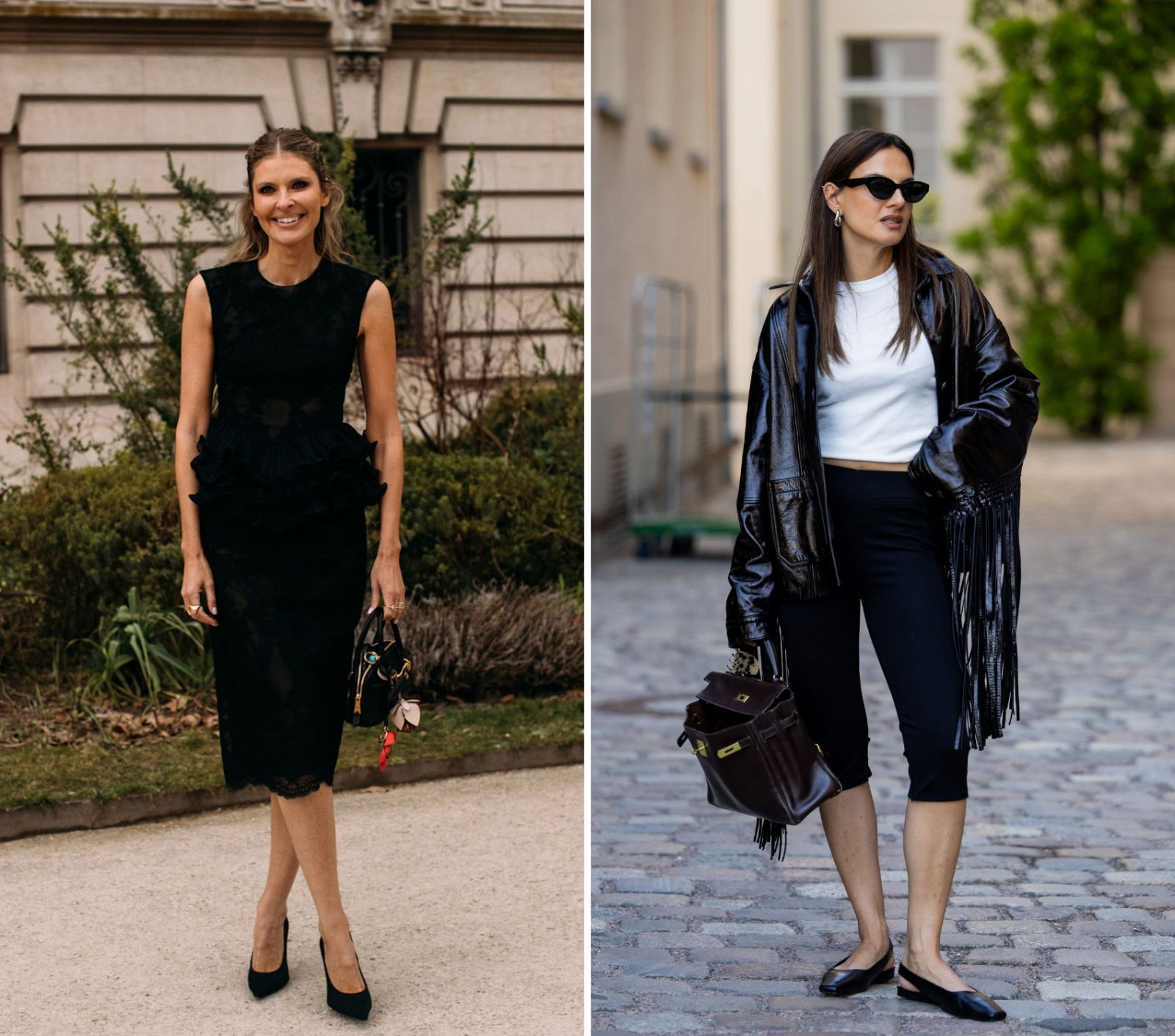 Stylizacje przedstawiają dwie kobiety: po lewej elegancka czarna sukienka podkreślająca talię, po prawej casualowy look z użyciem oversize’owej kurtki. Jak podkreślić proporcje ciała stylizacją?