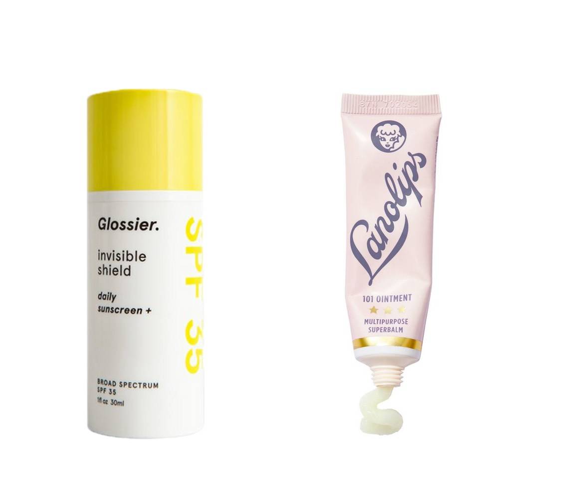 Krem z filtrem SPF35 GLOSSIER, 99 zł; Balsam do ust z lanoliną LANOLIPS/ SEPHORA, 59 zł