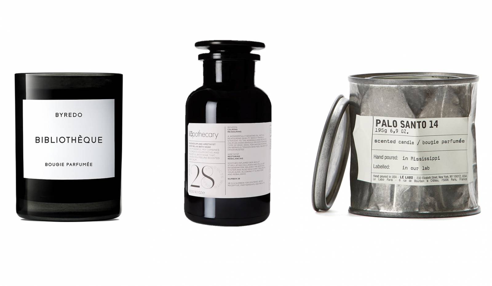 Od lewej: Sól do kąpieli z magnezem i ametystem ILAPOTHECARY/ NET-A-PORTER.COM, ok. 220 zł; Świeca Palo Santo 14 LE LABO/ GALILU, 232 zł; Świeca Bibliotheque BYREDO/ GALILU, 279 zł