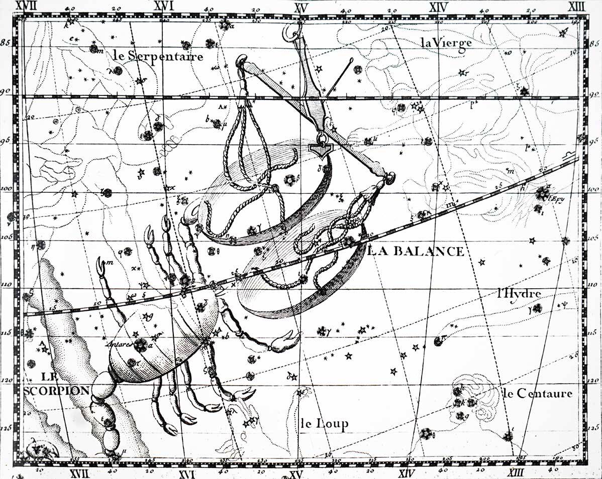 Konstelacje Skorpiona i Wagi, rycina z XVIII w. (Il. Getty Images)